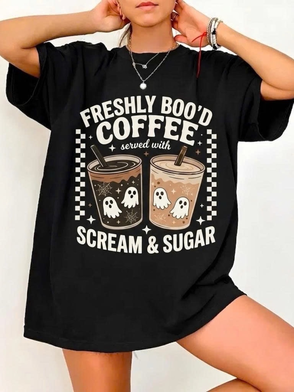 Halloween Coffee Gost Graphic T-shirt Spooky Season Black Tee